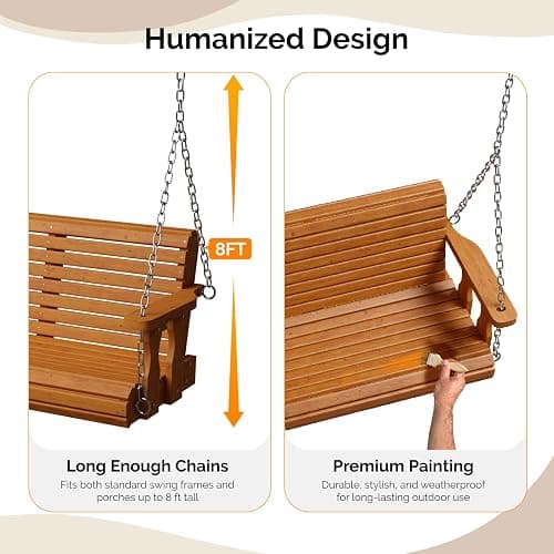 VINGLI 2026 Upgraded 5 FT Wooden Porch Swing, 880 LBS Heavy Duty, Brown | 2026 Upgraded Design; Heavy-Duty Wooden Swing; Supports 880 Lbs; Hanging Chains Included; Ideal For Garden, Patio & Yard thumbnail 5