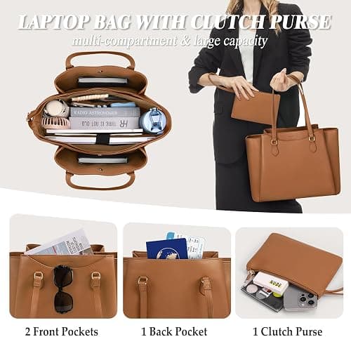 RAINSMORE Laptop Bag for Women 15.6 Inch Work Tote Bags Waterproof Computer Bags Leather Professional Laptop Purse Womens Laptop Briefcase Large Handbag for Office Teacher Travel, Brown thumbnail 4