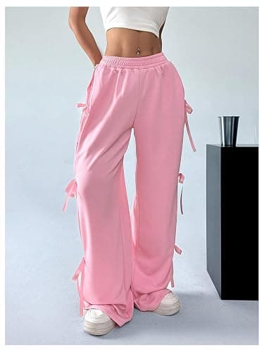 Verdusa Women's Baggy Sweatpants Elastic Waist Casual Bow Wide Leg Pants with Pocket Y2K Going Out Travel Pants thumbnail 5