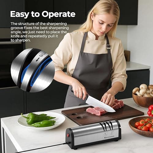 Narcissus Knife Sharpener, Professional 2 Stage Electric Knife Sharpener for Quick Sharpening & Polishing, with Scissors Sharpener and Metal Dust Collection Box, Stainless Steel, Silver thumbnail 7