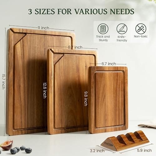 Kikcoin Wood Cutting Boards for Kitchen, 3 PCS Wooden Cutting Board Set with Holder, Chopping Board with Built-In Compartments and Juice Groove, Solid Charcuterie Board Serving Tray Wood Butcher Block thumbnail 3