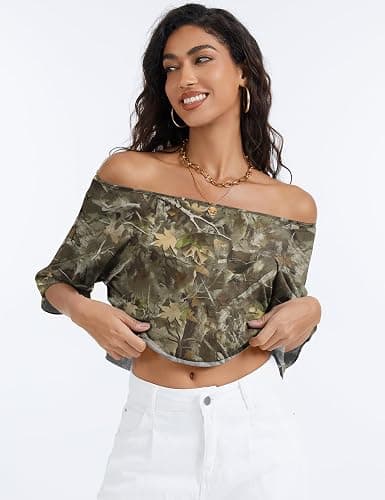 Kistore Off The Shoulder Tops for Women Going Out Short Sleeve Crop Top Boat Neck Loose T Shirt thumbnail 6