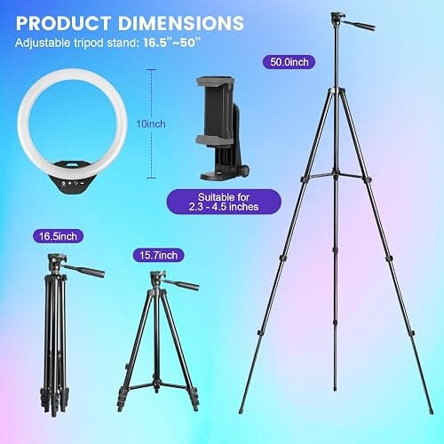 Sensyne 10'' RGB Ring Light with 50'' Extendable Tripod Stand, Circle Lights with Phone Holder for Live Stream/Makeup/YouTube Video/TikTok, Compatible with All Phones thumbnail 6