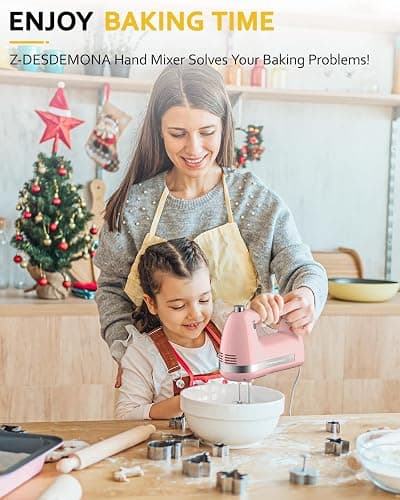 Z-DESDEMONA Electric Hand Mixer, Powerful 300W Hand Mixer Electric Handheld with 304 Beaters, Dough Hook,Hand Held Mixer with Turbo for Baking Cakes, Eggs, Cream Food(Pink) thumbnail 2