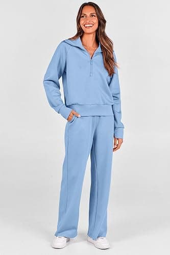 PRETTYGARDEN Women's 2 Piece Outfits Casual Lapel Half Zip Sweatshirts And Wide Leg Pants Tracksuit Sets thumbnail 7