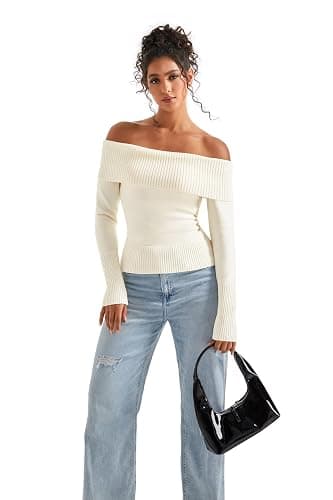 SUUKSESS Women Off Shoulder Sweaters Long Sleeve Ribbed Knit Going Out Fall Tops Blouse thumbnail 2