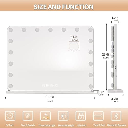 Hasipu Vanity Mirror with Lights and Bluetooth Speaker, 31.5" x 23.6" Hollywood Mirror, Makeup Mirror with 17 Dimmable Bulbs and 10X Magnification, 3 Colors Modes, USB Charging Port, Type-C (White) thumbnail 2