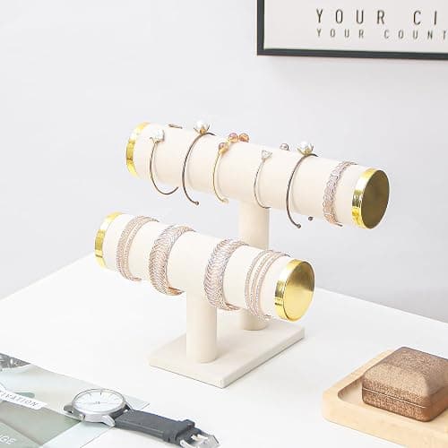 Justsoso 2 Tier Bracelet Holder Stand, Bangle Watches Display, Velvet Bracelet Jewelry Storage Organizer Rack, Hairband Scrunchie Show Tower Shop Selling or Home Use (Beige) thumbnail 2