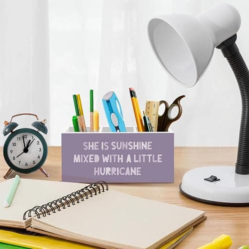 nvucamd Purple Inspirational Pen Pencil Holder for Desk Decor, Purple Office Desk Accessories, Motivational Pen Holders Organizer for Girls Room Nursery, She Is Sunshine Mixed with a Little Hurricane thumbnail 2
