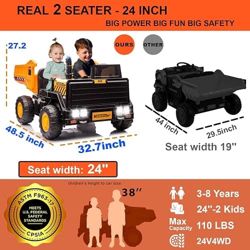 Kidsera 24V Ride On Dump Truck, 24inch-2 Seater Ride On Car for Kids w/Remote Control 4WD/2WD Up to 5 Mph, 24v Ride on Toys for Big Kids w/Electric Dump Bed Extra Shovel Traffic Cones (Yellow) thumbnail 2