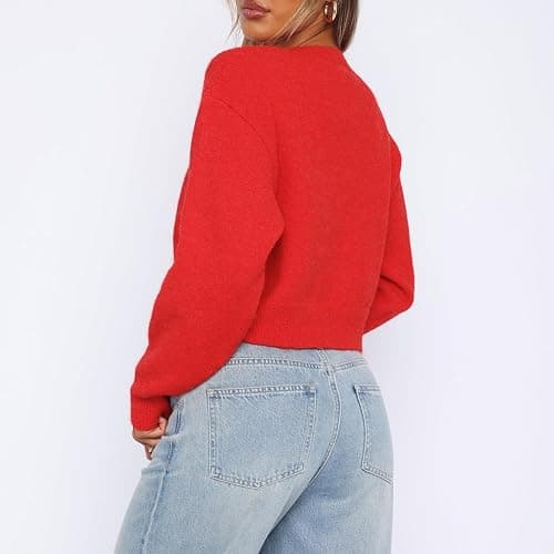 Women Y2K Button Front Crop Sweater Cardigan Solid Color Crew Neck Long Sleeve Knit Fall Tops Streetwear thumbnail 5