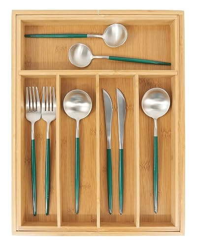 VaeFae Bamboo Drawer Organizer, Expandable Silverware Drawer Organizer, Cutlery Tray with Dividers for Kitchen Utensils, Medium thumbnail 4