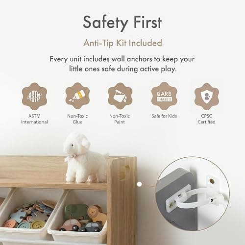 Humble Crew Kids Toy Organizer with Display Shelf, 9 Bins, 3 Tier Storage | Sturdy wood and steel toddler shelf, removable BPA-free containers, wall anchor anti-tip safety kit for bedroom or classroom thumbnail 7