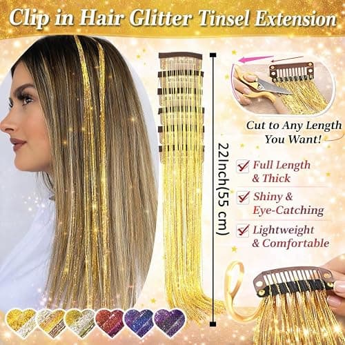 Hair Tinsel Kit Clip in for Kids 12 Pcs Fairy Glitter Tinsel Hair Extension | 22 Inch Gold/Rainbow Hair Tinsel Heat Resistant Hair Accessories for Women Girls Festival Birthday Party Festival thumbnail 4