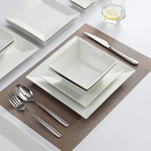 Porlien 16-Piece Classic Square Dinnerware Set for 4-Square Dinner Plates, Dessert Plates, Bowls & Dipping Saucers, Off White Dishes for 4 thumbnail 2