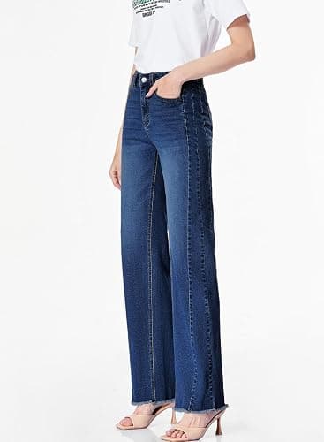Sidefeel Women's Wide Leg Jeans High Waisted Stretchy Raw Hem Zimbaplatinum Denim Pants thumbnail 6