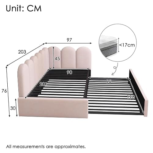 Kebnor Letto imbottito, 90 x 200 cm, divano letto con letto estraibile 90 x 190 cm, lettino con rete a doghe, velluto (senza materasso) (rosa) thumbnail 2