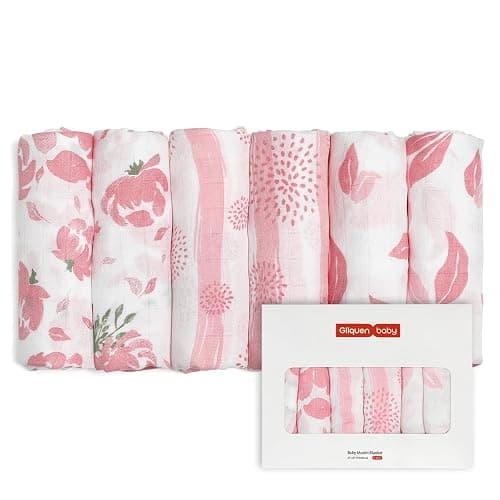 GLLQUEN BABY Musselintücher für Babys, 6 Stück Spucktücher aus Baumwolle 70 cm x 70 cm, saugfähig und atmungsaktiv und ideal zum Reinigen, Abwischen und Abdecken von Neugeborenen - Blume - 6er-Pack - Image 1