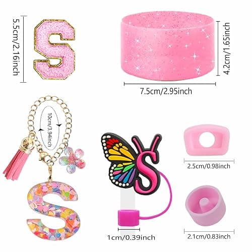Stanley Cup Accessories Set of 6 PCS, Pink Glitter Letter Theme with Keychain, Butterfly Straw Topper, Silicone Boot, Patch & Cup Decor Kit,Water Bottle Carrier Set (Tumbler Not Included) thumbnail 3