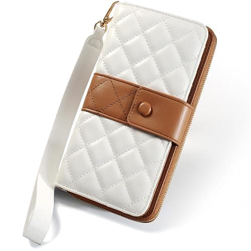 TiMOVO Leather Wallet for Women with RFID Blocking, Holds 12 Cards, Wrist Strap, Large Capacity Travel Purse, Beige + Brown - Image 1