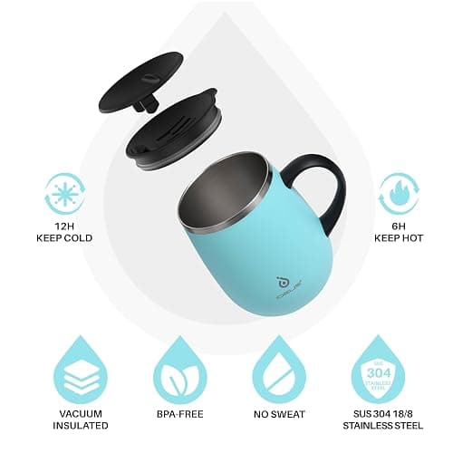 Ideus 16 oz (470 ml) Insulated Coffee Mug with Handle and Lid, Double Wall Stainless Steel Vacuum Thermal Coffee Mug, Travel Coffee Cup Thermal Cup for Home and Office (Sky Blue) thumbnail 4