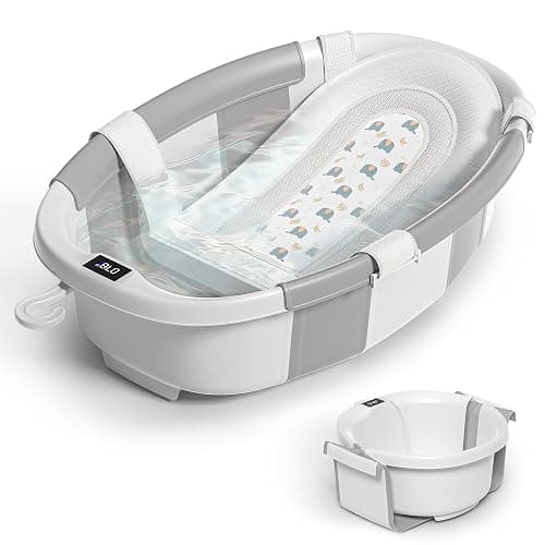 Himold Collapsible Baby Bathtub for Newborn to Toddler 0-36 Months, Spacious Foldable Infant Bath Tub with Thermometer, Cushion & Drain Hole, Portable Travel Tub Grey - Image 1
