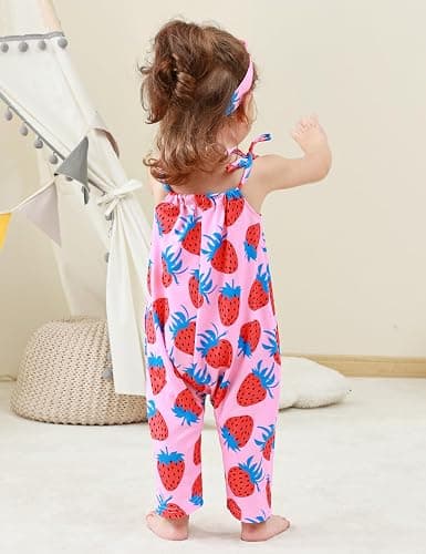 Lindanina Toddler Baby Girls Romper Sleeveless Jumpsuit Summer Clothes Adjustable Tie-Up Strap with Pocket Headband 1-5T thumbnail 4