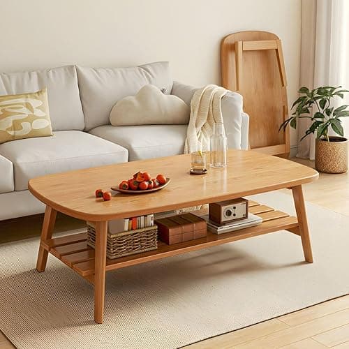 Amazon 2-Tier Foldable Modern Coffee Table Minimalist Wood Coffee Table with Storage Shelf Oval Mid Century Coffee Table for Small Apartment Living Room, Walnut 47" L x 19.5" W x 18" H thumbnail 3