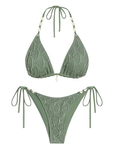 ZAFUL Women's Triangle String Bikini Set Sexy Tie Side Two Piece Swimsuit Seashell Halter Bathing Suit Cute Swimwear thumbnail 6
