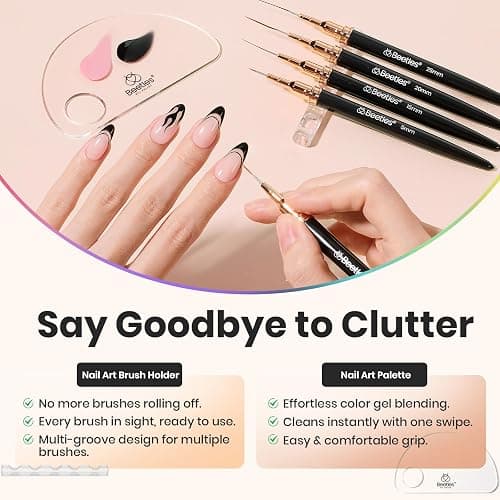 Beetles Liner Brushes for Nails 5pcs, Metallic Nail Art Brushes Black | Nail Liner Brushes Sizes 5/9/15/20/25mm with Palette Holder, Nail Art Pens with Cap, Painting Lines Details Nails Art Tools thumbnail 7