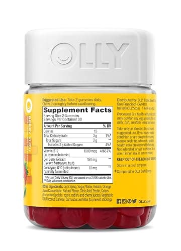 OLLY Extra Strength Daily Energy Gummy, Caffeine Free, 1000mcg Vitamin B12, CoQ10, Goji Berry, Adult Chewable Supplement, Berry Yuzu Flavor - 60 Count thumbnail 8