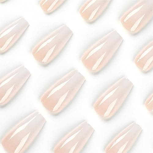 Coffin Press on Nails Medium Fake Nails with Daily Wear Simple Designs Pink & White Gradient Full Cover Glue on Nails Glossy False Nails Press ons for Women 24 Pcs thumbnail 3