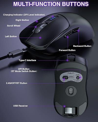AULA SC580 Wireless Gaming Mouse, Tri-Mode 2.4G/BT5.0/USB-C Gaming Mouse, 12000 DPI Rechargeable Wireless Mouse with 6 Programmable Buttons, Ergonomic Computer Mouse for Laptop/PC/Mac/Tablet thumbnail 5