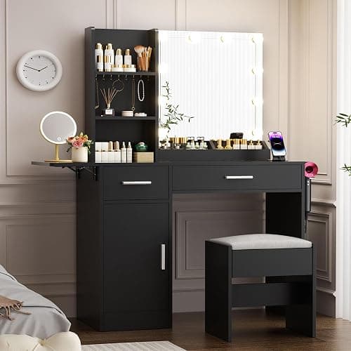 ERLEJIA Vanity Desk with Mirror and Lights, 39.37" 4 Drawers Makeup Desk Without Stool, Extra Foldable Desk with 3 Open Shelves Make Up Table for Girls and Ladies Bedroom, Black thumbnail 3