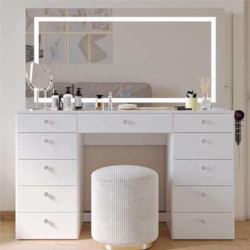 Boahaus Lydia Extra-Large Makeup Vanity Desk, Dimmable LED Mirror, Dual Bluetooth Speakers, 11 Drawers, USB-C & USB-A Ports, 110 V Outlet, Tempered Glass Top & Crystal Knobs thumbnail 6