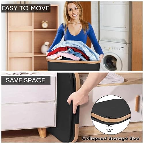 BALEINE Laundry Hamper with Lid, Tall Laundry Baskets with Bamboo Pull Handles, Large Laundry Bin with Internal Support (36 Gal/140L, Black) thumbnail 5