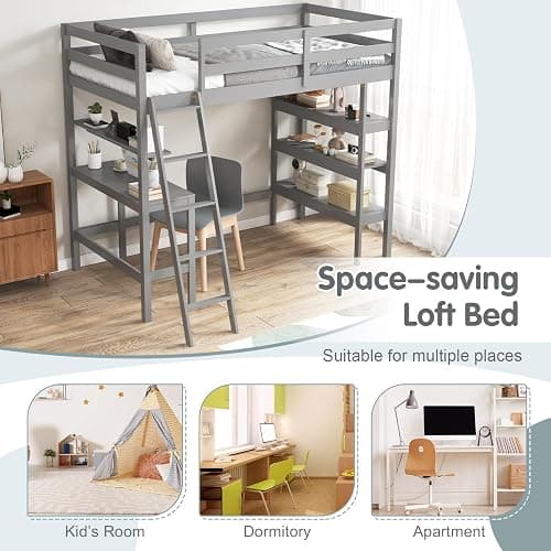 (PURCHASED) KOTEK Twin Loft Bed with Desk & Storage Shelves, Solid Wood Loft Bed Frame with Bookcase, Ladder, Guardrails, Twin Size Loft Bed for Kids, Teens, Drom, Apartment (Grey) thumbnail 7