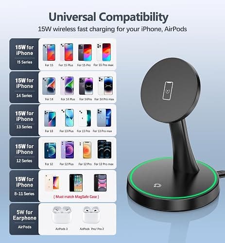 Magnetic Wireless Charger Stand 15W Fast Mag-Safe Charger for iPhone 17/17 pro/ 17 Air/ 17 pro max 16/15/14/13/12 Series Magnet Wireless Charging Station/Pad with Sleep-Friendly Light for AirPods thumbnail 7