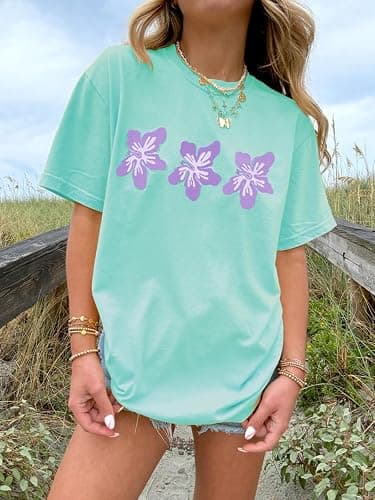 Oversized Graphic Shirt for Teens Girl Y2K Ocean Floral Short Sleeve Baggy Tee Shirts Vintage Aesthetic Coastal Tops thumbnail 2