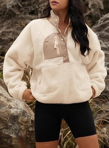 Yanekop Womens Fuzzy Fleece Pullover Sherpa Sweatshirt Long Sleeve Button Down Sweater Winter Fleece Jacket with Pockets thumbnail 5