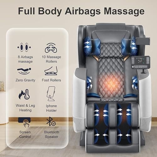 FURNIMAT 2026 Massage Chair Full Body, Zero Gravity Massage Chair with 10 Fix Rollers, Airbags, Heating, Foot Massage, Auto Modes, Bluetooth Speaker, Smart Screen Controller(Light Gray) thumbnail 4