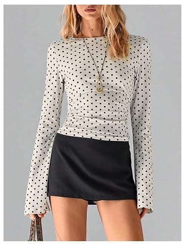 Milumia Women's Polka Dots Bell Sleeve Crop Tee Top Y2K Ruched Slim Fit Going Out T Shirt thumbnail 5