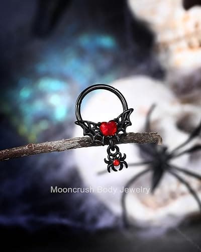 Mooncrush Jewelry Gothic Black Septum Ring 16G Spider Dangle With Red Heart Daith Piercing Jewelry - Stainless Steel thumbnail 4