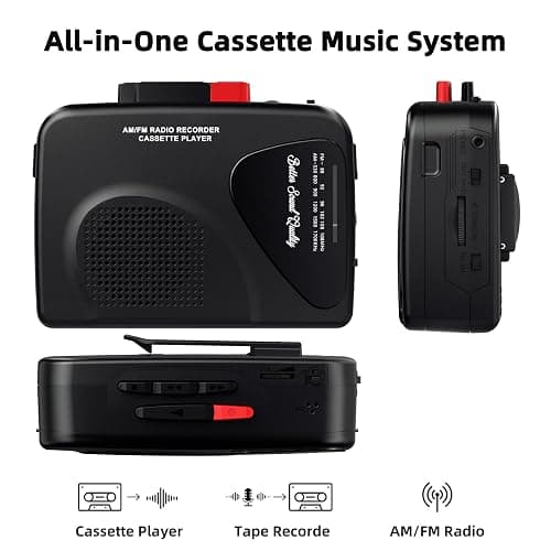 Walkmaner Cassette Player/Recorder, Am/FM Radio, Portable Cassette Player, Cassette Recording, Built-in Speakers, Manual Recording, T201 (Black) thumbnail 2