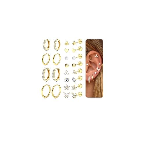 CASSIECA 12 Paar Ohrringe Gold Silber Set, 316L Chirurgenstahl Ohrringe für Damen Herren Medizinische Ohrstecker und Creolen für Mehrfachpiercing 14K Vergoldet Helix Tragus Piercing Ohr Gold Silber - Image 1