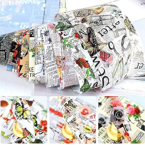 Retro Newspaper Nail Art Foil Transfer Stickers,Nail Art Supplies Holographic Nail Foil Flower Decals English Letters Butterfly Cool Romantic Punk Designs for Woman Manicure Decorations 10PCS thumbnail 2
