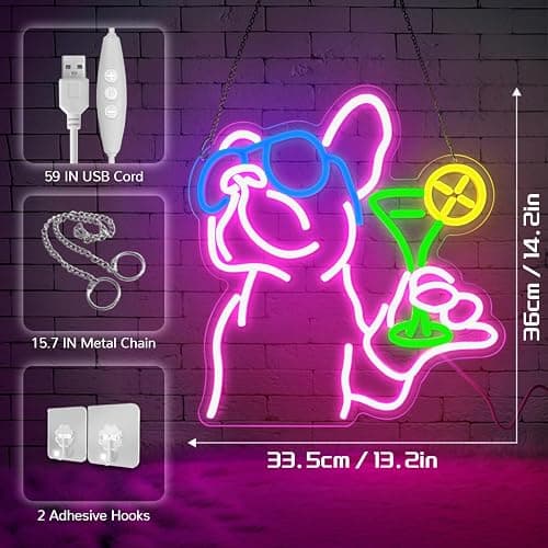 Lxmoneon French Bulldog Drink Neon Sign Cocktail Led Signs for Wall Decor Dog Martini Neon Light Bar Signs for Home Bar Kitchen Restaurant Club Pub Man Cave French Bulldog Gifts thumbnail 2