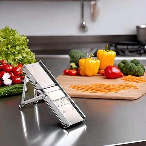 BRON COUCKE - Professional Mandoline - Stainless Steel - Slices Fruits and Vegetables, Makes French Fries and Julienne - Straight Blade + Waffle Blade - Adjustable Thickness - Includes Safety Carriage thumbnail 2