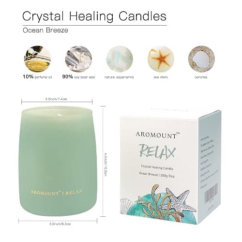Ocean Breeze Scented Candle with Crystal Inside, Healing Aquamarine Crystal Candle with Sea Star & Conch Decors, 10oz Soy Wax 55 Hours Long Lasting Burn, Perfect Spiritual Aromatherapy Gift - Relax-Ocean Breeze thumbnail 3