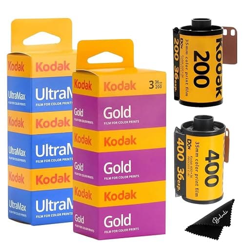 Kodak Ultramax 400 35mm Film 3 Pack & Kodak Gold 200 35mm Film 3 Pack Bundle (6 Total Rolls) 36exp for 35mm Film Camera 35mm - Kodak Film- Balveli Microfiber Cloth - 35 mm Film roll- Camera Film- - Image 1